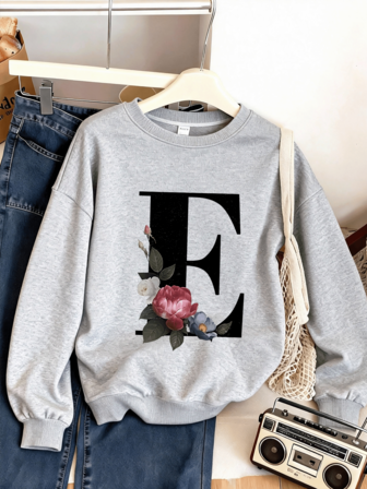 Felpa girocollo da ragazza con stampa di lettere e fiori, casual streetwear, autunno/inverno