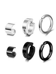 A Set Of 3 Sets Of Stainless Steel Men's Ear Clip Earrings And Ear Hoops, These Earrings Are Non-Piercing Ear Clips Without Ear Holes, With Smooth Surfaces. They Have A Street Hip-Hop Style, Are Low-Allergic, Durable And Fashionable, And Are Suitable As Accessories For Both Men And Women. They Have A Street Hip-Hop Style, Are Low-Allergic, Durable And Fashionable, And Are Suitable As Accessories For Both Men And Women. - Multicolor - View 2
