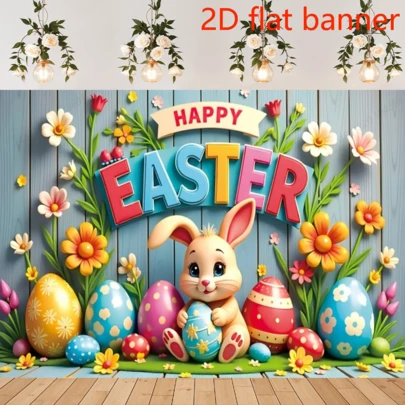 2D Flat Banner Happy Easter 1pc Vibrant Easter Bunny & Colorful Eggs Banner Polyester, "Happy Easter" Festive Decorative Flag, No Electricity Required, Ideal For Indoor/Outdoor Celebrations & Photography Backdrop