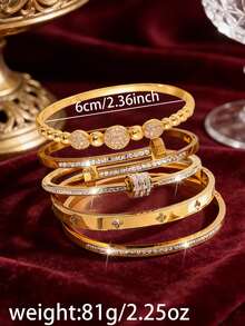 5pcs - Dazzling And Exquisite 18k Gold-Plated Multi-Style Copper And Stainless Steel Bracelet Set, Featuring Zirconia And Clover Elements. A Luxurious Stacked Style, Versatile Combinations, Perfect For Everyday Wear Or Parties. - Gold - View 2