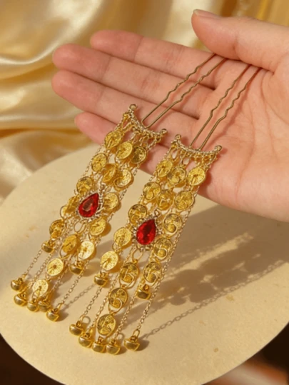 一套传统汉服配饰，包括钱币、流苏、发簪、发饰，节日中国风，多功能发饰，花朵发簪，金属发簪，中国旗袍汉服配饰，丝绸花朵装饰，新款中国流苏发簪，情人节礼物，新娘婚礼发饰，女士发饰，新年礼物