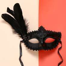 Sexy 1pc Women's Creative Personalized Lace Trim Black Faux Pearl Necklace Feather Fox Face Mask Suitable For Party, Festival Wearing Halloween - Black - View 4