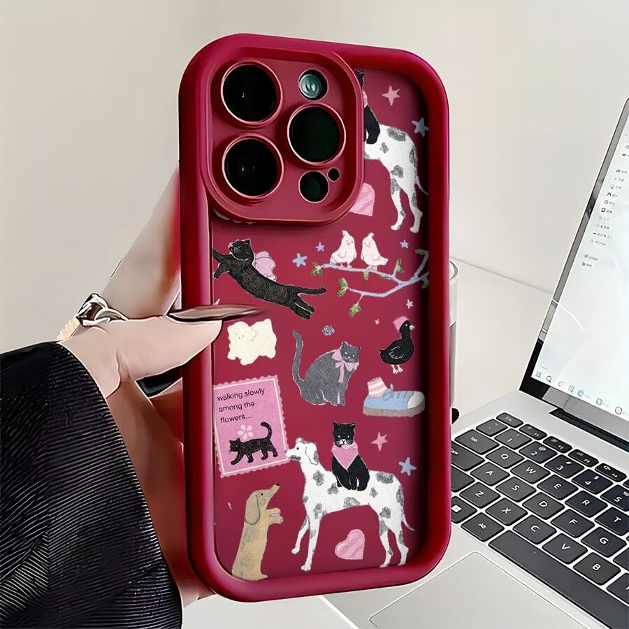 Cats And Dogs Patterned Soft Silicone Phone Case For IPhone 17 16 15 14 13 12 11 Pro Max Plus Air X XS, For Samsung S21S22/23/24/25/A13/14/15/17/33/35/54/NOTE20 Christmas And Valentine's Day Gifts, Gifts For Boyfriends And Girlfriends, Family Members - 酒紅色 - 查看 1