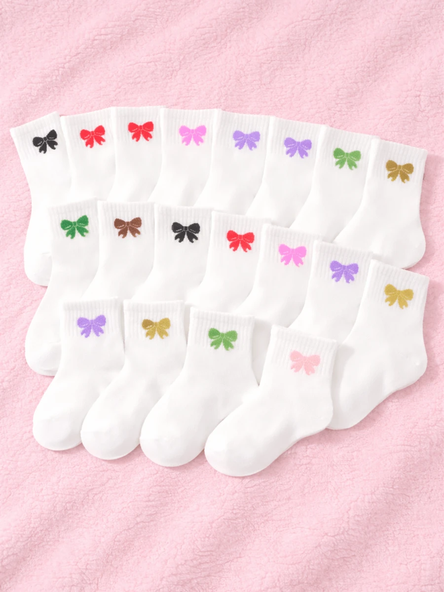 10 Pairs Of White Children's Socks With Bow Jacquard Detailing, Featuring Cute Rainbow Bow Embroidery. Suitable For Kids And Perfect For Both Boys And Girls. The Socks Are Soft, Comfortable, And Breathable, Making Them An Ideal Gift For Boys And Girls In Spring, Summer, Autumn, And Winter. - Multicolor - View 1