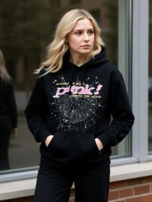 Women's Hip Hop Spider Web Pattern Graphic Alphabet Print Y2k Hoodie - màu đen - Xem 4