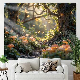 1 pieza Telón de fondo de bosque mágico de poliéster - Duradero, escena floral de primavera 2D de uso múltiple con setas luminosas y mariposas, ideal para bodas, cumpleaños y fotografía de retratos, decoración interior/exterior