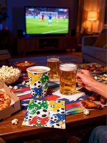 足球主题派对用品，包括足球餐盘和餐巾纸、排队氛围装饰、世界杯观赛装饰、家居装饰、足球主题派对装饰、派对用品（杯子、餐巾纸、桌布），适合男孩运动主题生日派对装饰。 - 彩色 - 查看 3