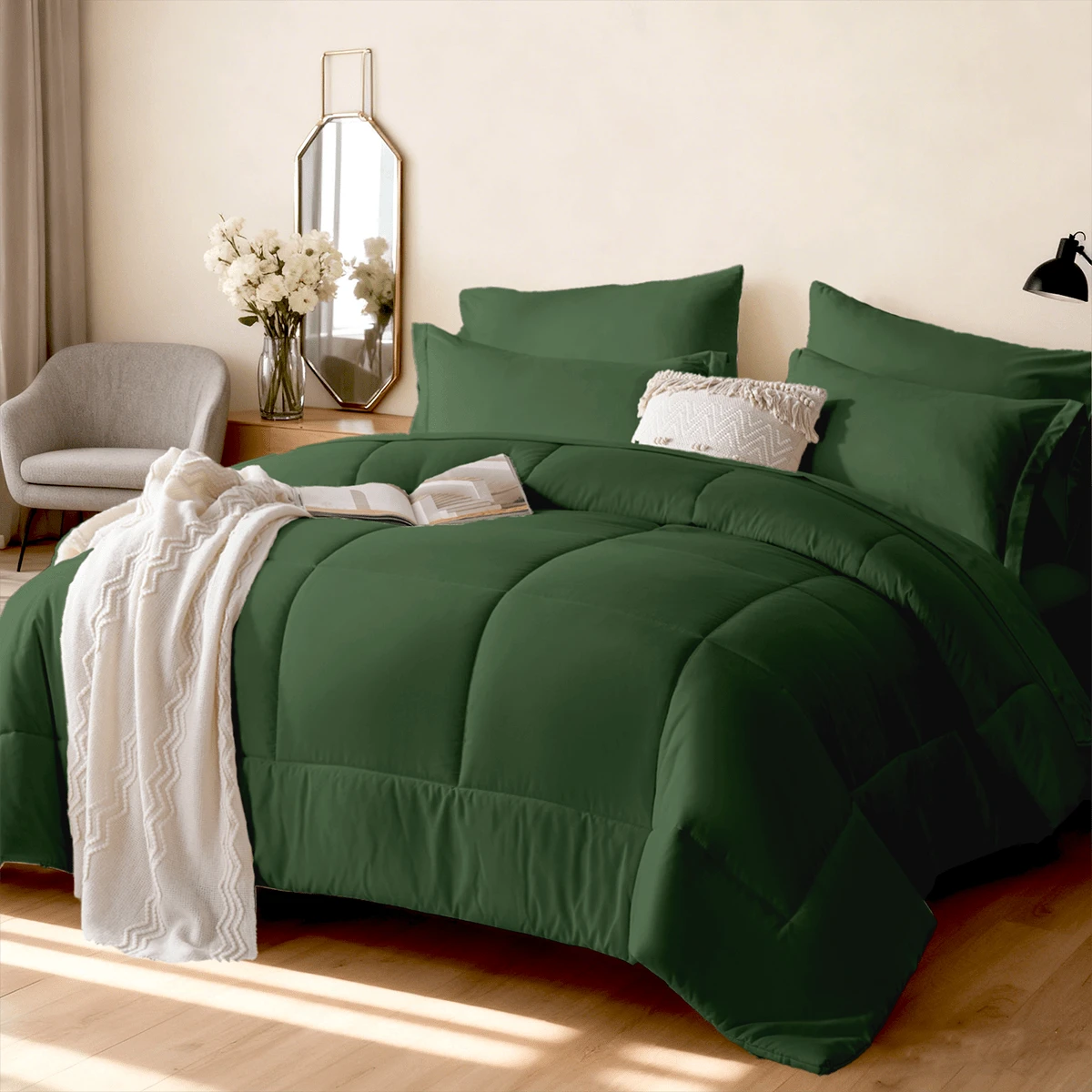 5/7pcs Luxurious Checked Pattern Comforter Set-Breathable Comforter-Ultra Soft Fluffy Fiber Filling, Warmth For All Seasons-Bed In A Bag With Comforter, Flat Sheet, Fitted Sheet, Pillowcases, And Pillowshams, Thick Comforter Set, Family Gift Set - Màu xanh đậm L17 - Xem 1