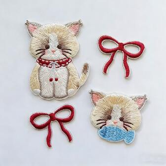 7pcs 3D Graphic Embroidered Patch Badges, Heat-Seal Design Patches For Clothing, Hats, Jackets, DIY Cartoon Cat Embroidered Patch Set For Phone Cases, Bags, Apparel Decoration