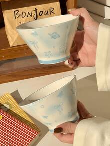 1 Set Blue Bow Decor Bowl + Spoon Tableware, High-Quality Fresh Yogurt Breakfast Bowl, Ceramic Dinnerware Gift For Friends, Stylish Ceramic Dining Set, Vegetable Salad & Rice Bowl, Suitable For Home, Restaurant, Dessert Shop, Gift, Party - Multicolor - View 9