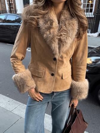 HZXVIC Women's New Plush Patchwork Front Button Casual Jacket