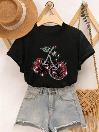 Koszulka z krótkim rękawem i okrągłym dekoltem dla nastolatek z nadrukiem wiśniowym, na wiosnę i lato, na co dzień