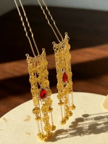 1件古风汉服套装，包含铜钱、流苏、小发簪、发饰、节日中式风格、一体式发饰、花朵发簪、金属发簪、中式旗袍汉服配饰、丝绸花朵配饰、新款中式流苏、发簪、情人节礼物、新娘婚礼发饰、女士发饰、新年礼物、发髻延长器、发型发夹 - 彩色 - 查看 6