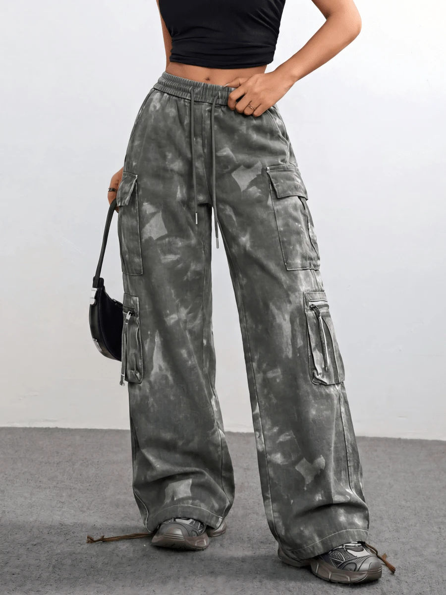 Christmas Gift Cargo Pants Women Baggy Streetwear Y2K Drawstring Trousers Wide Leg Pants Party New Year Warm Thermal - 黑與白 - 查看 1