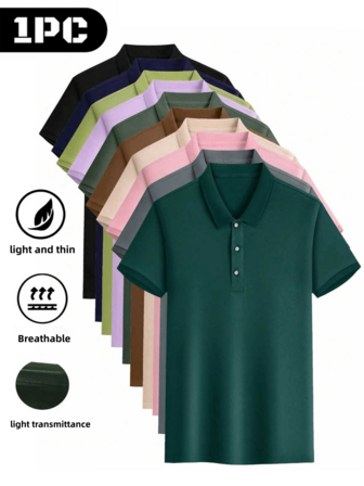 I lager, Finns i flera färger, Sommarlätt pikétröja för affärsbruk och avslappnad användning, Kortärmad sport-T-shirt, Enfärgad herrundertröja, T-shirt med kontrastknappar