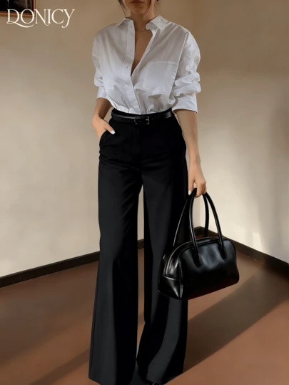 DONICY Women's High Waist Button Zipper Straight Leg Pants, Fashionable Vintage Minimalist Elegant Black Long Trousers, Suitable For Daily Casual, Business Office, Valentine's Day, Carnival