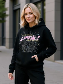 Women's Hip Hop Spider Web Pattern Graphic Alphabet Print Y2k Hoodie - màu đen - Xem 3