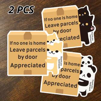 2张“不在家”送货指示防水贴纸（非磁性），适合独居人士、经常不在家的学生或上班族，以及租房装饰 - 可爱的猫、狗和熊猫图案，户外乙烯基材质，3种可爱的动物图案，耐用合成纸防水宠物贴纸