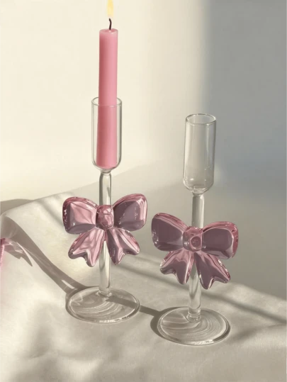 1pc Ins Style Pink Bowknot Glass Candlestick, Romantic Pearlescent Dinner Candle Holder, Candle Stand, Casa Home/Dining Table Decor, /Festival/Birthday Decoration