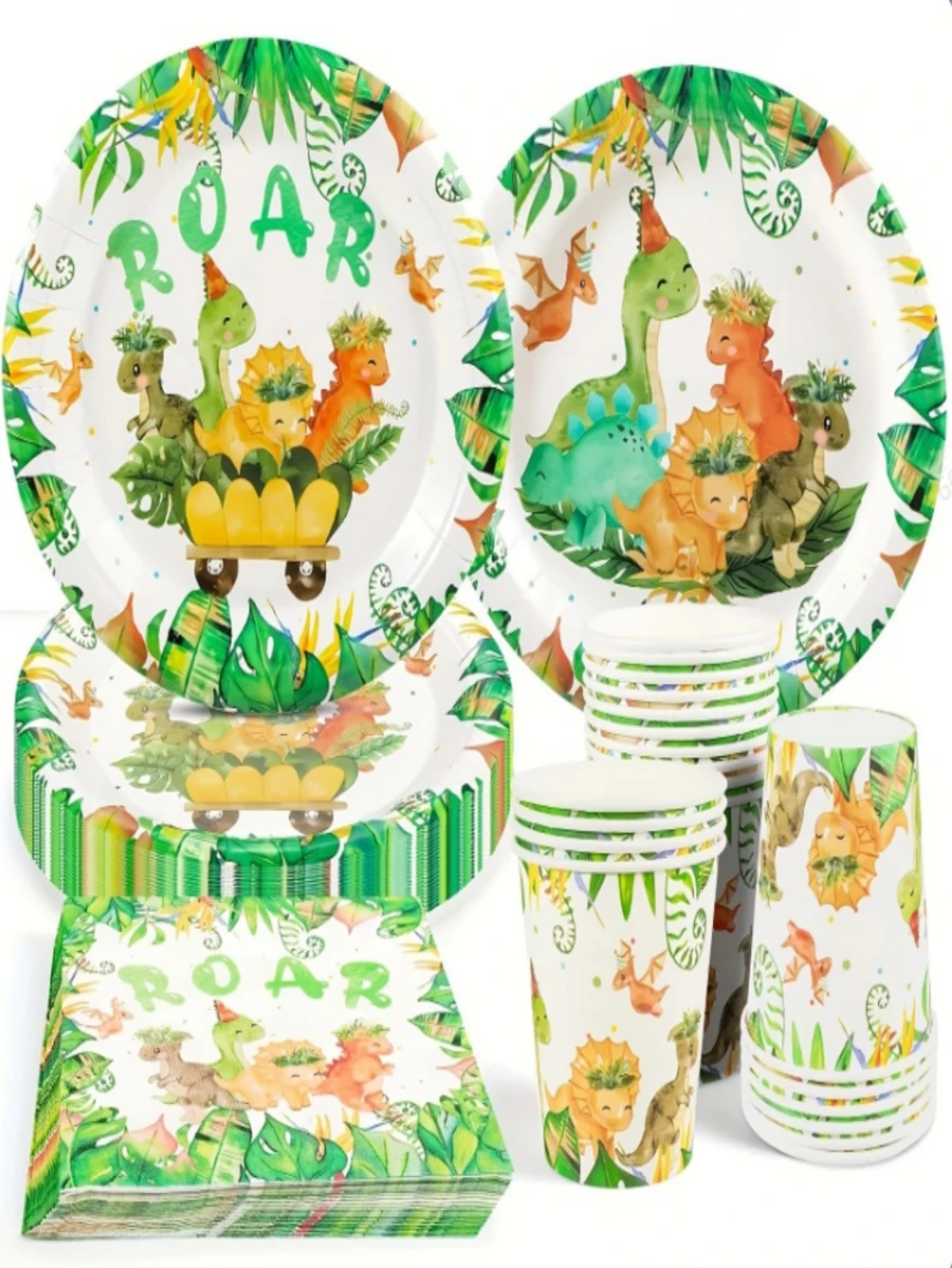 50pcs Dinosaur Theme Party Tableware Set, Dinosaur Birthday Party Decorations, Tableware Set, Dinosaur Paper Plates, Cups, Napkins, 10pcs Party Birthday Decorations