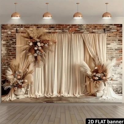 2D Flat 1pc Bohemian Style Brown Curtain With Light-Colored Reeds And White Flowers - High-Quality Polyester Photography Backdrop, Washable And Ironable For Party Banner, Creating A Vibrant Decor