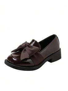 1 Pair All-Season Minimalist Solid Color Glossy Bow Decor Low Heel Fashion Campus Style Formal Girls Shoes - Brown - View 6