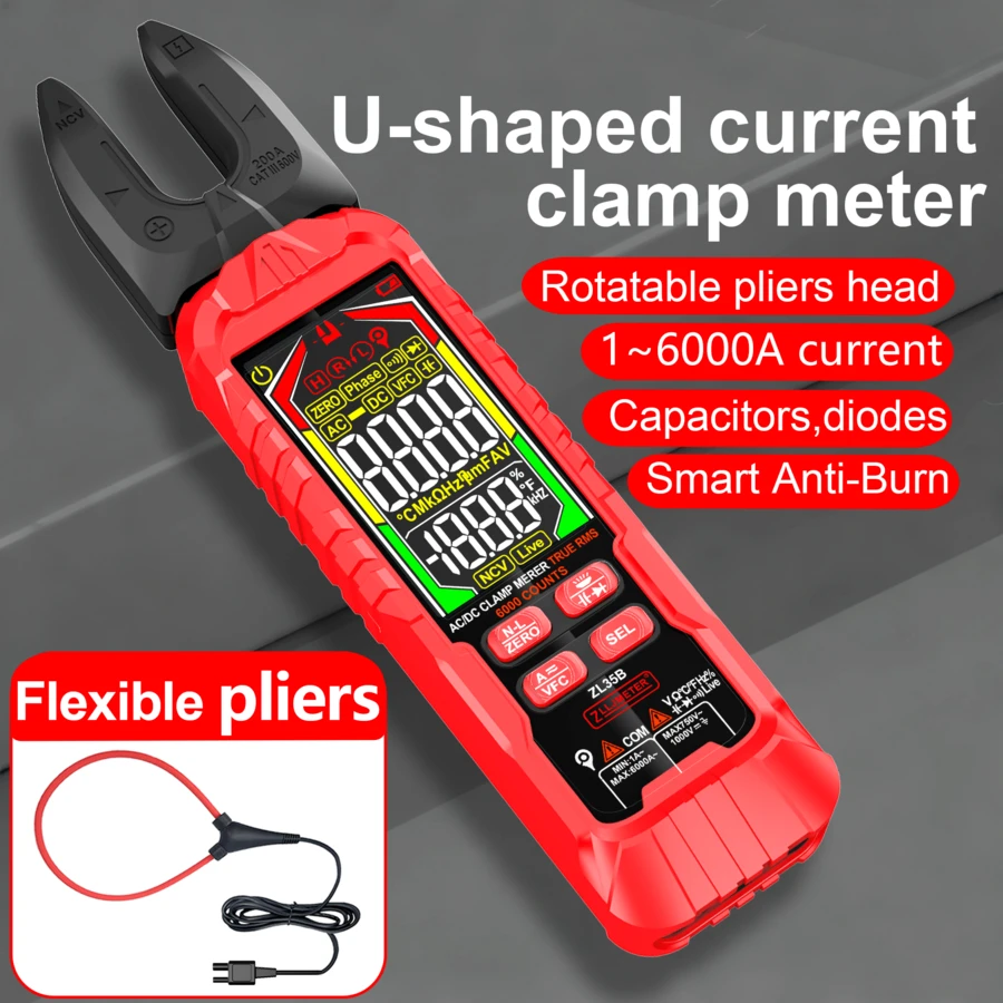 ZL35B Digital Fork-Shaped Clamp Meter, 6000A Current Open Clamp Ammeter, Multimeter, DC/AC Current, Hz, Electrical Test Tool, Rechargeable Battery - Multicolor - View 1