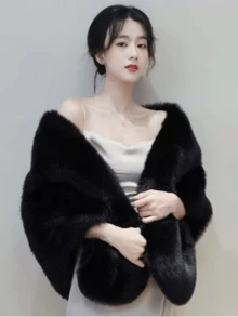 黑色人造毛皮披肩，秋冬季保暖新娘披肩斗篷，柔软舒适的人造毛皮外套披肩 - 黑色 - 查看 9