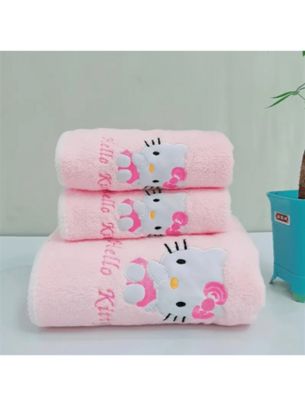  1 pieza Toalla de mano y toalla de baño suave y absorbente de felpa coral con el personaje de dibujos animados Sanrio Hello Kitty, esenciales de baño. Tamaño de la toalla de mano: 35*75cm, Tamaño de la toalla de baño: 70*140cm