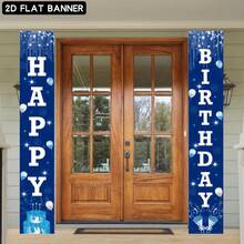 2D flaches Happy Birthday Türbanner - Navy Blau und Weiß, Innen- und Außendekoration für Partys, Happy Birthday Elemente Hintergrundstoff, geeignet für Innen- und Außenpartys, Fotografie, Heimdekoration, Garagentor-Display, ohne Strombedarf, Geburtstagsdekoration - Blau - Übersicht 5