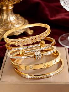 5pcs - Dazzling And Exquisite 18k Gold-Plated Multi-Style Copper And Stainless Steel Bracelet Set, Featuring Zirconia And Clover Elements. A Luxurious Stacked Style, Versatile Combinations, Perfect For Everyday Wear Or Parties. - Gold - View 6