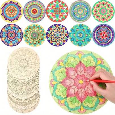10件套曼陀罗木制工艺套装，DIY手绘木板艺术品，曼陀罗杯垫画，未完成工艺套装，创意手工DIY木制墙饰（不含画笔），彩色木制曼陀罗，适用于卧室、客厅、办公室、手工艺品、婚礼家居装饰、房间装饰。