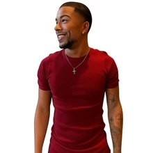 American Ribbed Fitted T-Shirt, Gringa Style, Slim Fit, Casual, Premium Men's Spring/Summer - Maroon - View 7