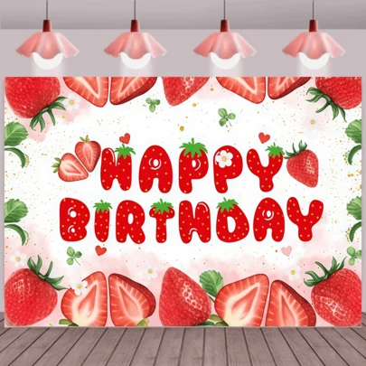 1件草莓主题生日快乐背景横幅，浅粉色背景，适用于节日庆典、生日、家居墙面装饰、华云庭院户外装饰、庆祝活动装饰、生日派对装饰、主题装饰，营造活泼甜蜜的生日氛围