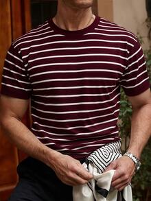 1pc Men's Contrast Stripe Short Sleeve T-Shirt, Casual Knit Pullover Top - Red Violet - View 9