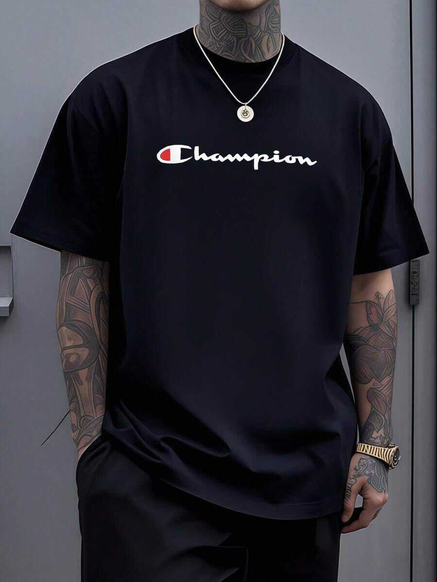 Camiseta De Manga Corta Casual De 100% Algodón Con Diseño De Logotipo En El Pecho Que Simboliza Fuerza, Confianza Y Determinación En Un Estilo Moderno De Ropa Urbana Para Hombres - 黑色 - 查看 1