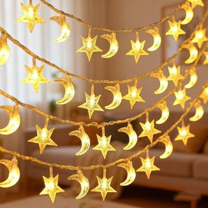 1pc 4.9/9.8/19.68ft Battery Powered Star & Moon String Lights, Suitable For Home Decor, Room Decor, Bedroom Decor, Garden Decor, Camping Decor, Party Decor, Wedding Decor, Yard Decor And More