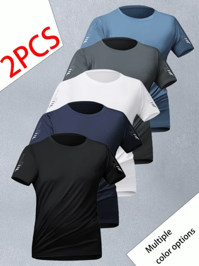 2pcs Men's Quick Dry Breathable Solid Color T-Shirts, Suitable For Outdoor Activities, Fitness, Running, Climbing, And Daily Wear