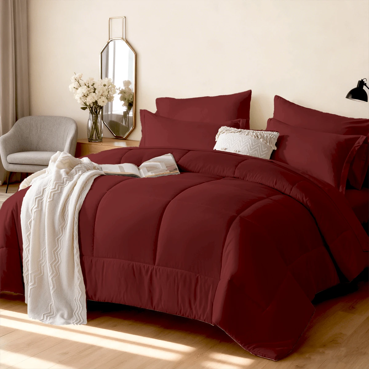 5/7pcs Luxurious Checked Pattern Comforter Set-Breathable Comforter-Ultra Soft Fluffy Fiber Filling, Warmth For All Seasons-Bed In A Bag With Comforter, Flat Sheet, Fitted Sheet, Pillowcases, And Pillowshams, Thick Comforter Set, Family Gift Set - Red R06 - View 1
