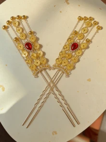 1件古风汉服套装，包含铜钱、流苏、小发簪、发饰、节日中式风格、一体式发饰、花朵发簪、金属发簪、中式旗袍汉服配饰、丝绸花朵配饰、新款中式流苏、发簪、情人节礼物、新娘婚礼发饰、女士发饰、新年礼物、发髻延长器、发型发夹 - 彩色 - 查看 3