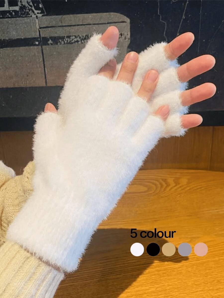 1/2 Pair Unisex Fluffy Solid Color Fingerless Gloves, Warm Knitted Wrist Mittens Suitable For Outdoor Sports, Office, School, Daily Wear In Autumn/Winter - Multicolor - View 1