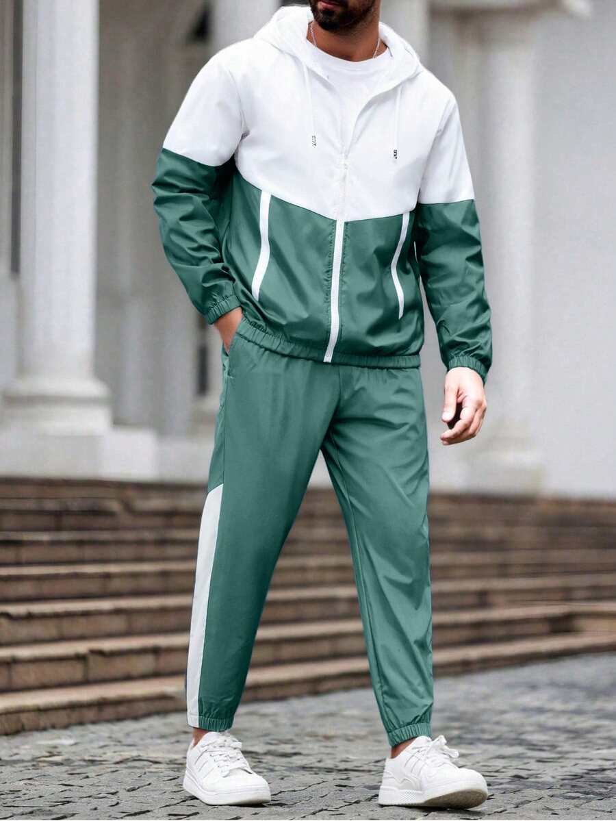 Bộ đồ thể thao nam thoáng khí, phối màu, dùng cho chạy bộ và tập thể dục, bao gồm áo khoác và quần, kiểu dáng thể thao rộng rãi, trang phục thể thao thường ngày. - màu xanh lá - Xem 1