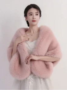 黑色人造毛皮披肩，秋冬季保暖新娘披肩斗篷，柔软舒适的人造毛皮外套披肩 - 黑色 - 查看 13