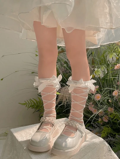 1 Pair Japanese Style Summer Crystal Polka Dot Frill Trim Bow Thin Socks