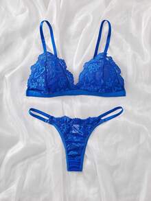 Marineblauer Spitzen Sexy Dessous Set, 75B dünne Dreieck Tasse rückenfrei BH + Slip mit niedriger Taille - Königsblau - Übersicht 2