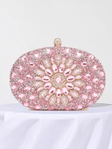 Sparkling Luxurious Rhinestone Decor Handbag, Small Clutch Purse, Elegant For Evening Gown, Wedding, Party, With Metal Chain, Fashionable Lady Handbag, Bridal Purse, Perfectly Matching With Prom Accessories, Prom Bag For Party, Clutch Bag For Wedding - 粉色 - 查看 1