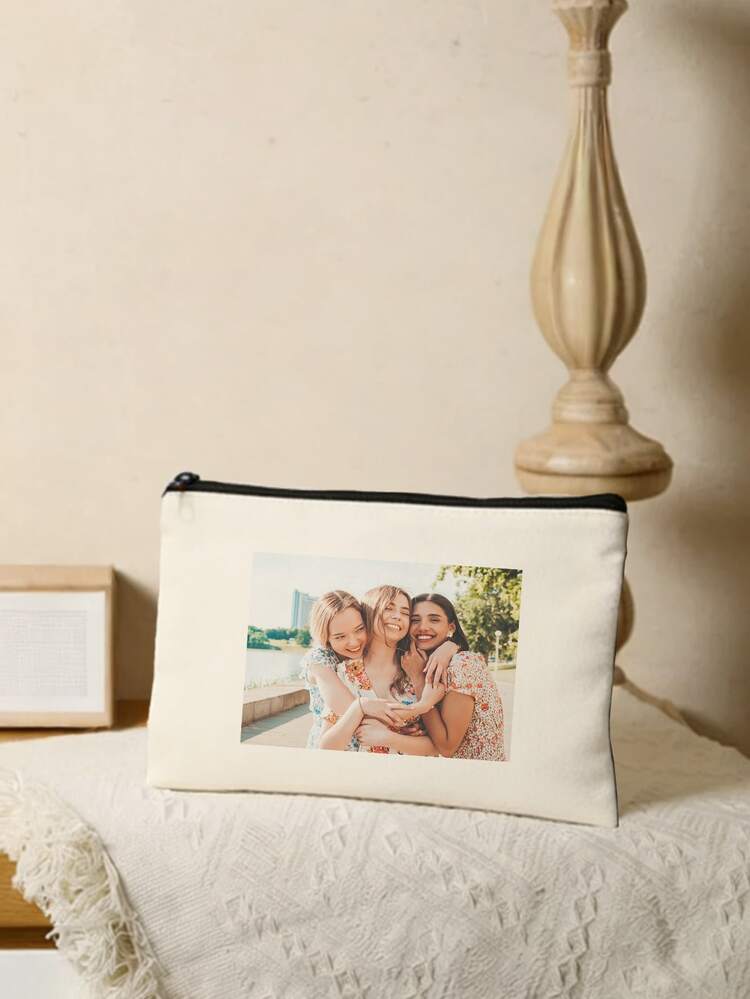 Bolsa de lona personalizable con diseño de foto personalizada, organizador de viaje plegable de gran capacidad para artículos de tocador, estuche de maquillaje con monograma - Beis - Añade 2