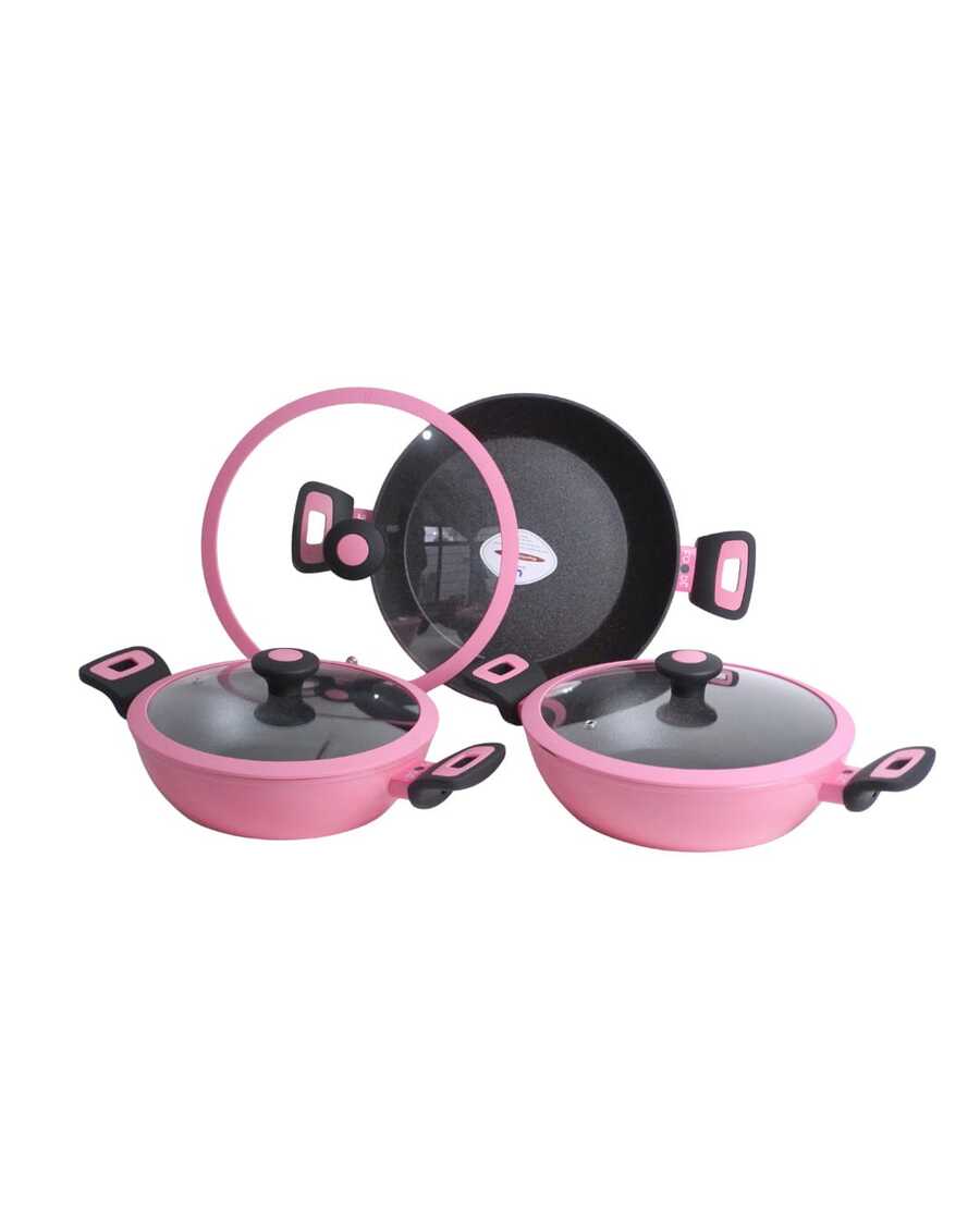 Ollas Arroceras - FOODE  6 pz Olla de Acero Inoxidable Reforzado con Cerámica Antiadherente Premium | Cocina Saludable | Incluye Tapa de Cristal Irrompible Gratis | Agarraderas de Silicona | Apta para Estufas de Gas, Eléctrica e Inducción | Alta Calidad y Durabilidad - Rosa - Ver 1