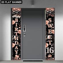 Banner de ușă 2D plat pentru ziua de naștere de 16 ani, semn de ziua de naștere din poliester auriu-roz, nu necesită alimentare, potrivit pentru decorul petrecerii de ziua de naștere de 16 ani și recuzita foto, fundal strălucitor de ziua de naștere, realizat cu grijă