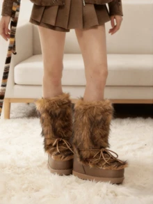 Women's Faux Fur Boots Fuzzy Fluffy Furry Snow Boots Round Toe With Lace-Up Design Cute Warm Suitable For Christmas Halloween And Winter - Nâu a - Xem 4